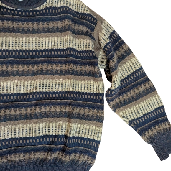 Vtg 3d Cosby Cotton Crewneck Textured Patterned Stripes Brown Neutral Sz L - Picture 2 of 12